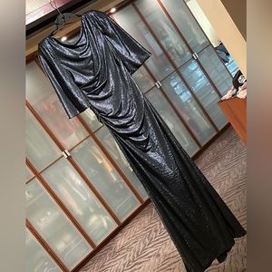 Worn once- Eliza J Capelet Sleeve Ruched Evening Gown in Metallic Blue. Size 12